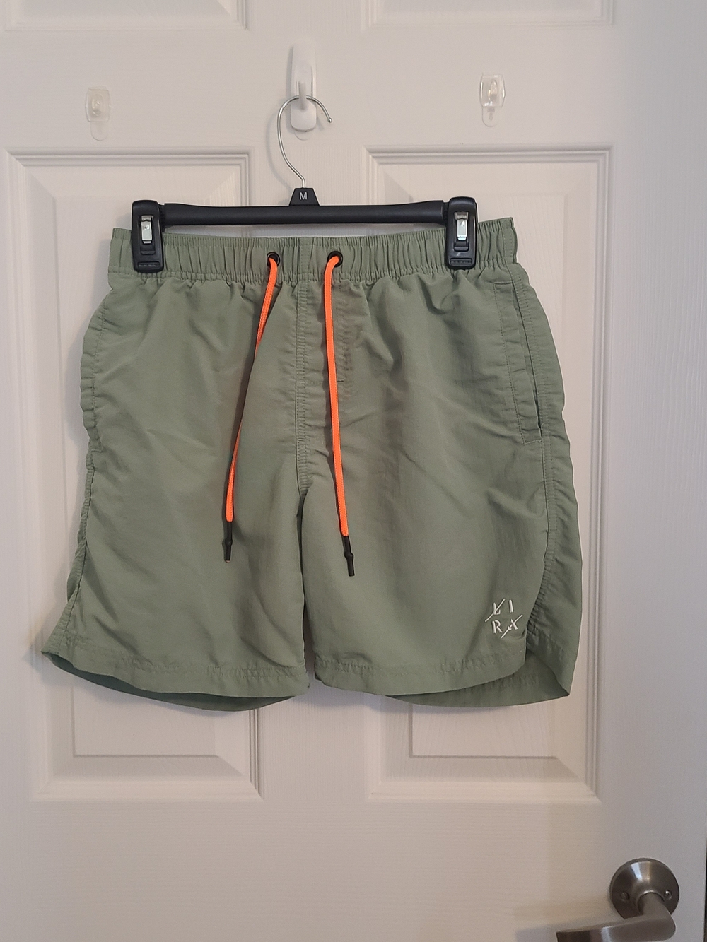 Olive Green Men's Swim Shorts with Neon Orange Drawstring